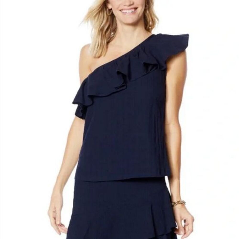 G by Giuliana One-Shoulder Ruffle Sleeveless Tank (Navy, Size Small)